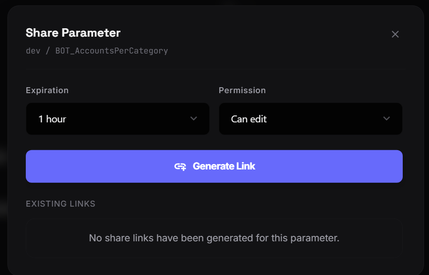 The Share Parameter dialog with expiration and view/edit permission options and a Generate Link button