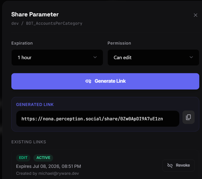 A generated share link with an edit/active badge, expiry date, creator, and a revoke button